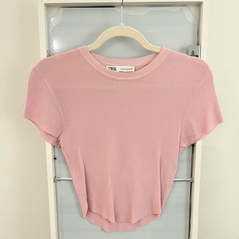 ZARA RIBBED BABY PINK CROPPED TOP